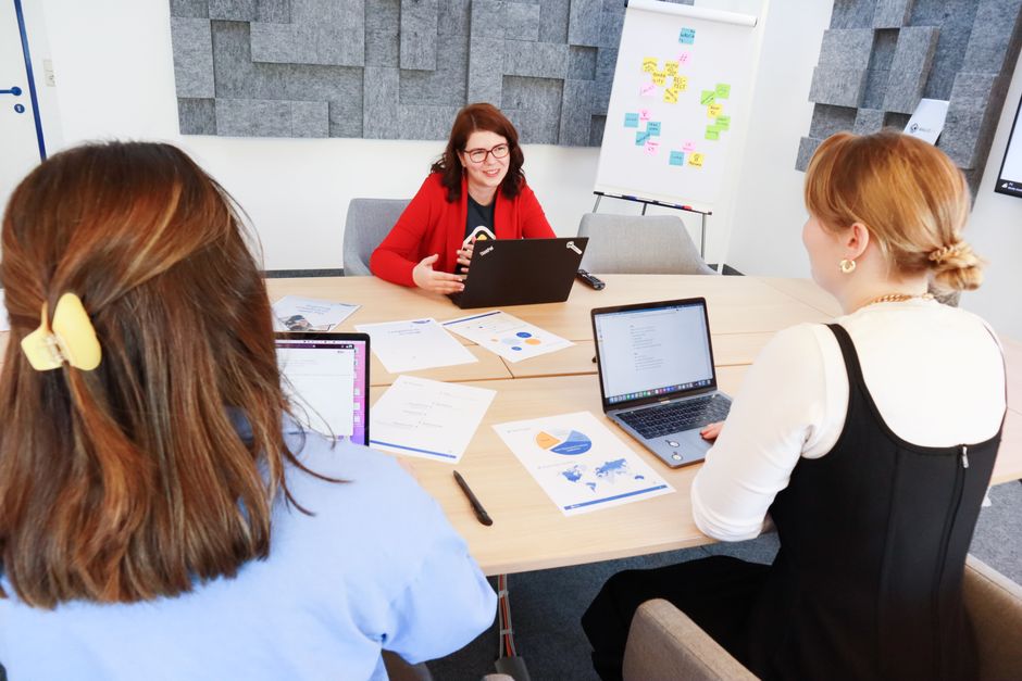 Illustration einer Person mit Software und Datenanalyse im Hintergrund